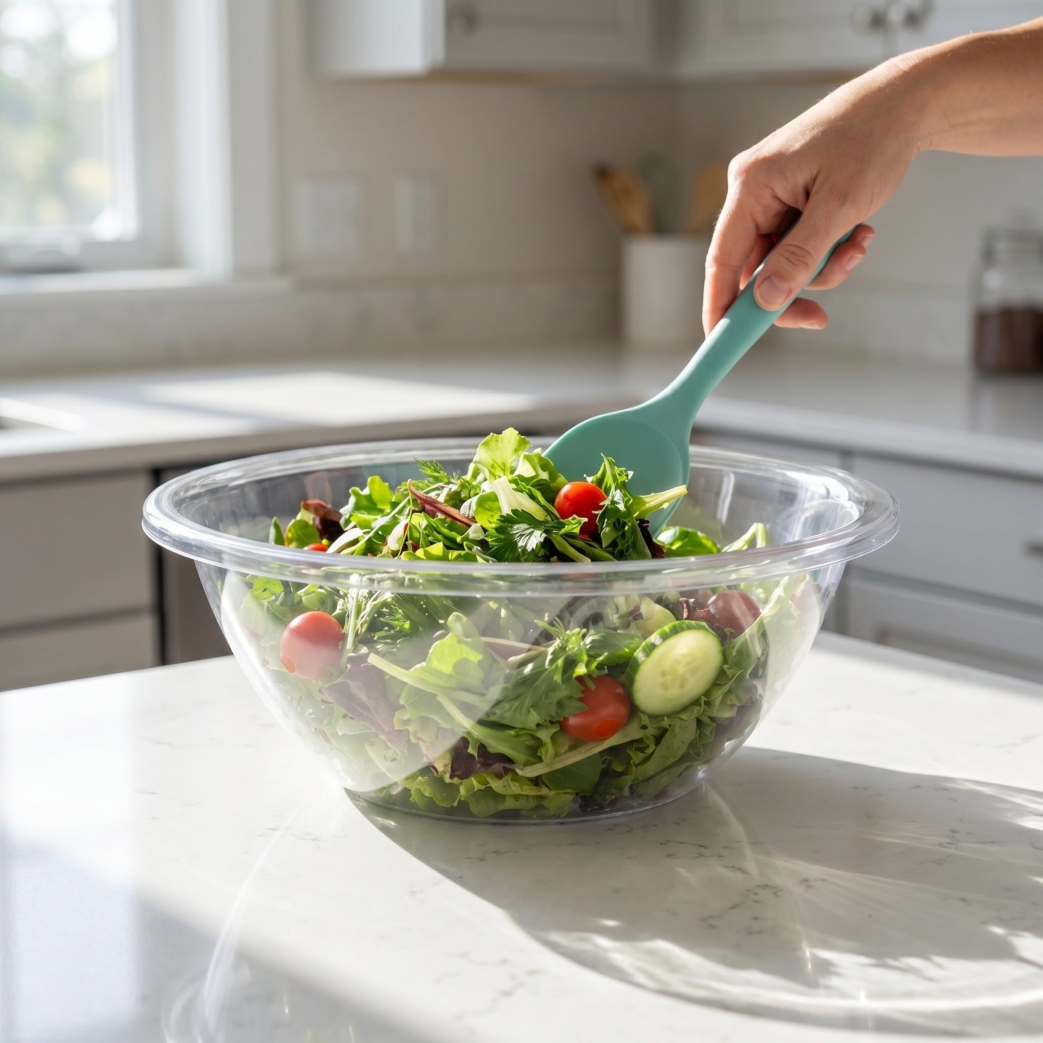 Operitacx 2 Sets transparente Salatschüsseln aus Kunststoff mit Deckel, 13" und 11" große, stapelbare Behälter zum Mitnehmen, ideal für Mittagessen, Meal Prep, Camping und Gefrierschrank