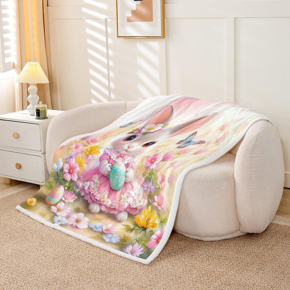 Feelyou Pink Cute Rabbit Sherpa Blanket,Dreamy Princess Rabbit Fleece Throw Blanket,Floral Bunny Rabbit Plush Blanket,Happy Easter Fuzzy Blanket for Sofa Bed Couch,Boys Girls Room Decor 60"x80"