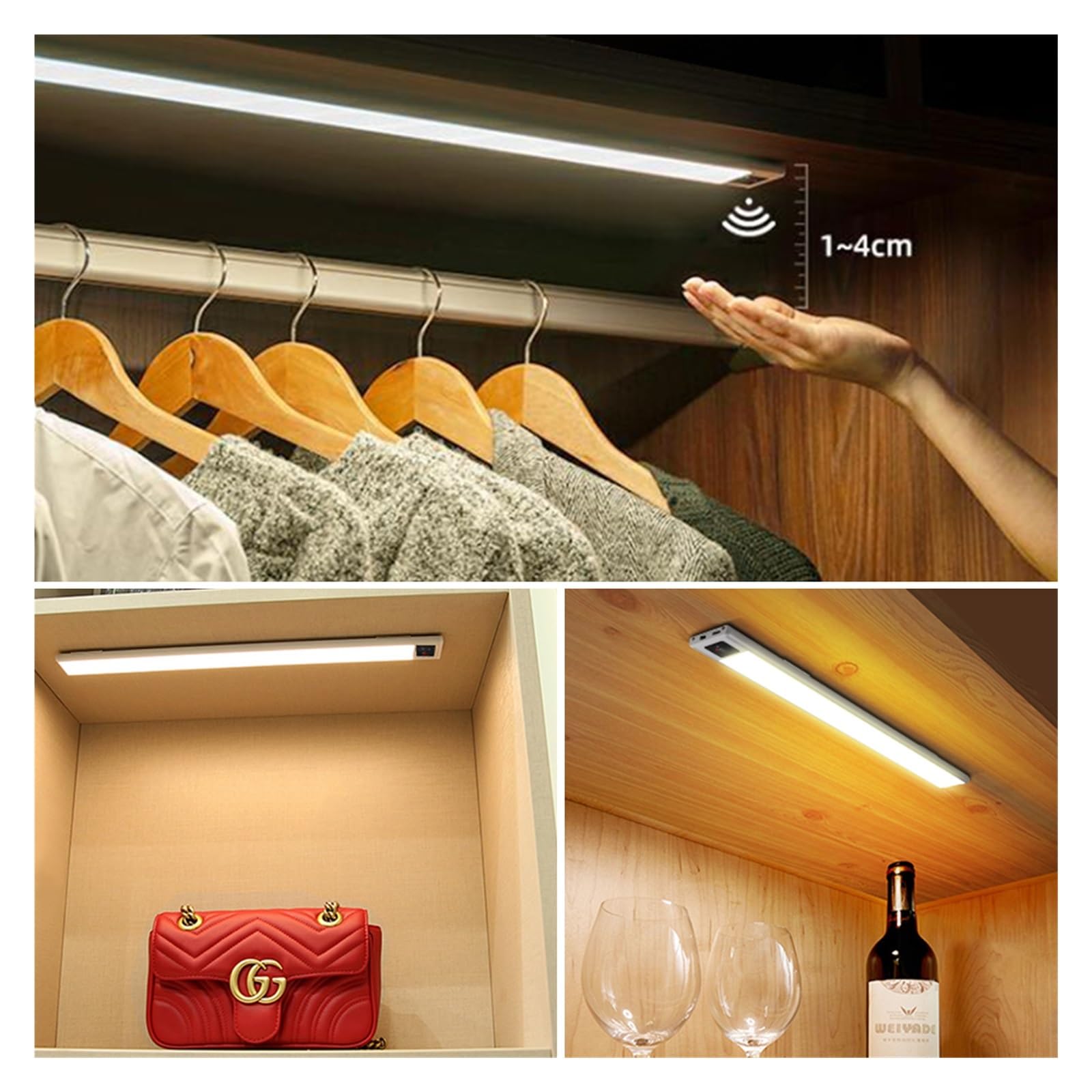 Luz LED For Armario De Cocina, Led Barrido Manual, Recargable Por USB, Iluminación Aluminio Negro, Debajo Armarios, 20/40/60CM Detector De Movimiento(Cold White Light,60CM_SILVER1)