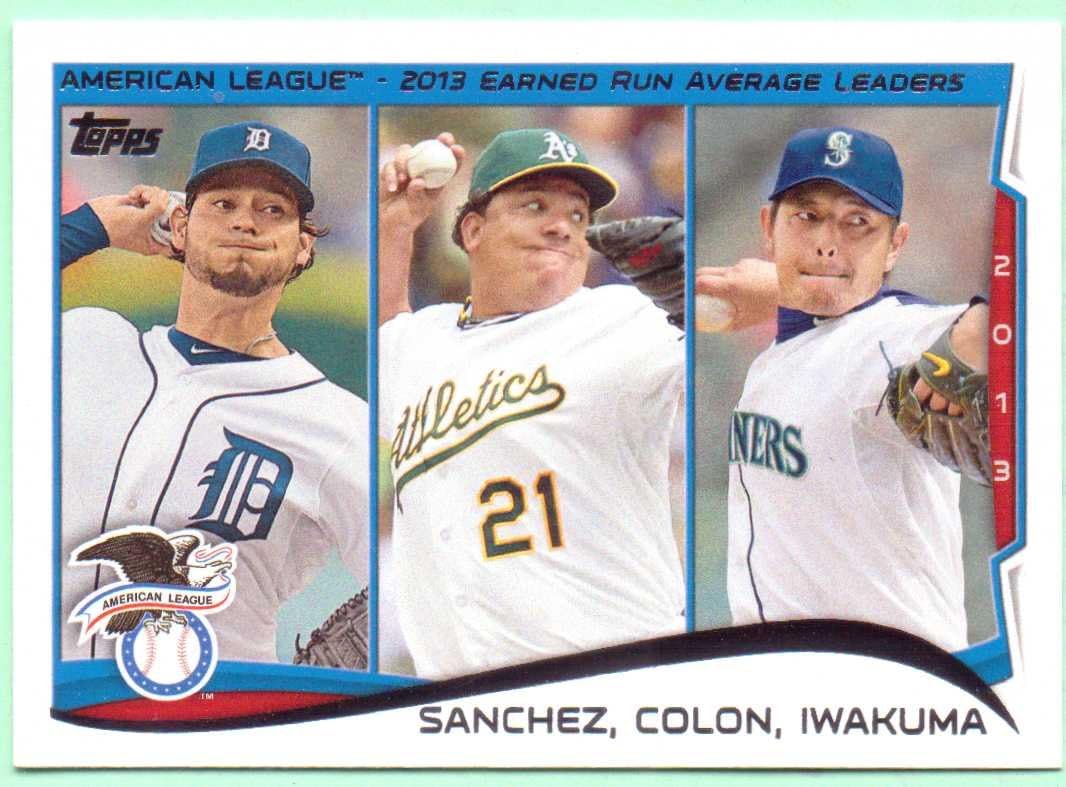 Anibal Sanchez, Bartolo Colon, Hisashi Iwakuma 2014 Topps 2013 American League ERA Leaders #117 - Detroit Tigers, Athletics, Mariners