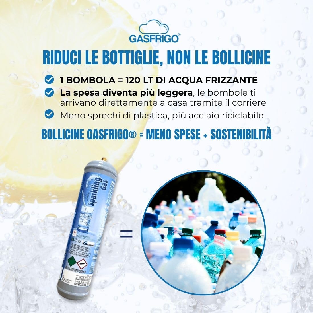 Bevi sano, bevi Italiano! GASFRIGO® Set 2 Bombole CO2 per Gasatore e Depuratore Acqua Frizzante - 600g E290 Alimentare - Attacco M11x1 - Scorta Risparmio! Bombola e Gas 100% Made in Italy