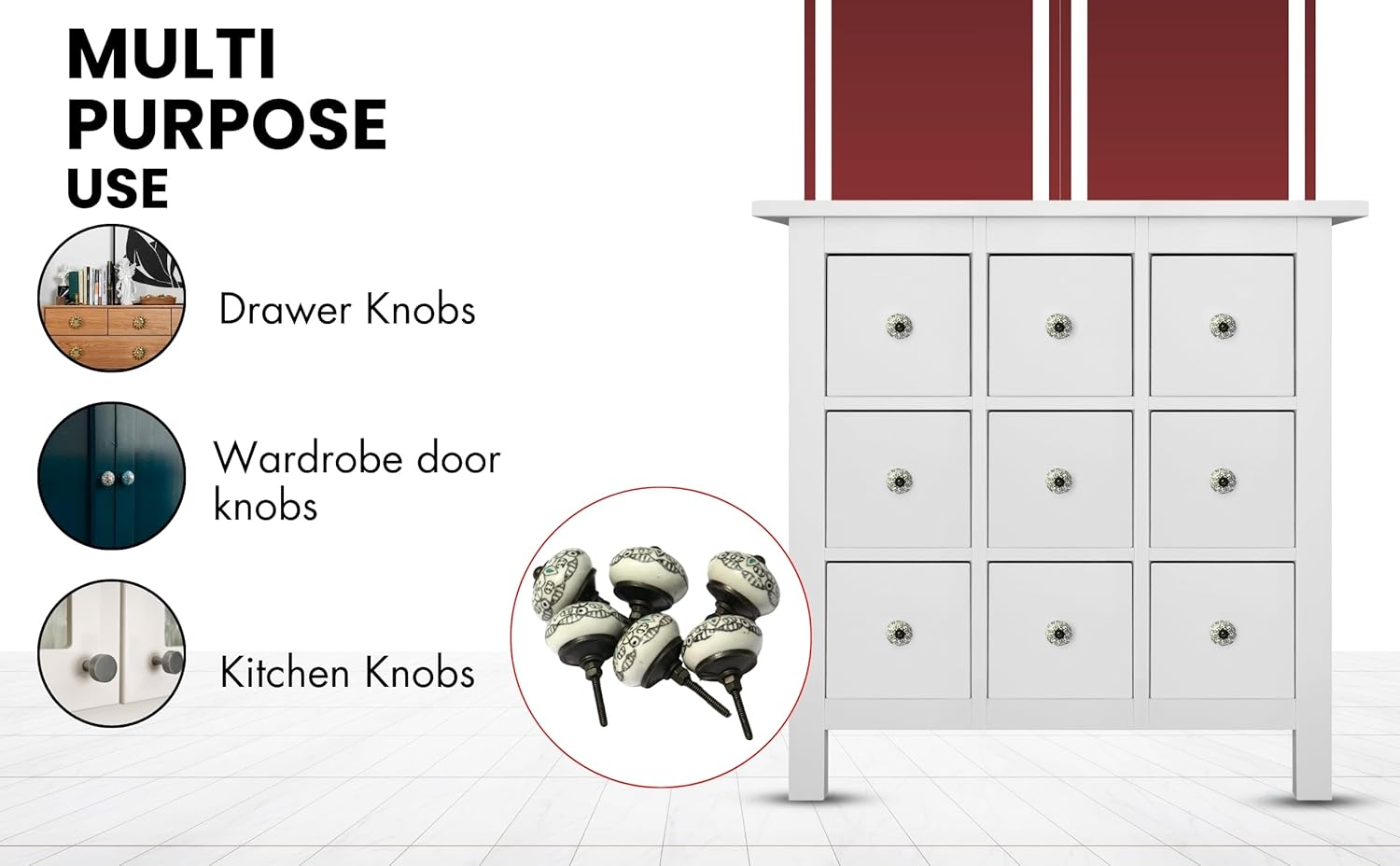 Set of 6 Unique Handmade Ceramic Knobs | Modern Drawer Knobs | Trendy Cabinet Door Knobs | Dresser Drawers - Countryside (Style 2, Black and White (Beige) Flower Design)