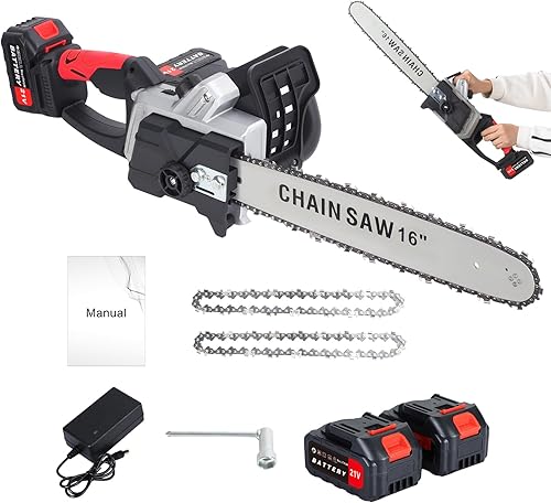 Miniatura 10 de Motosierra inalámbrica de 16 pulgadas, motosierra eléctrica con motor sin escobillas, batería de 40 V con 2 baterías y cargador rápido de doble