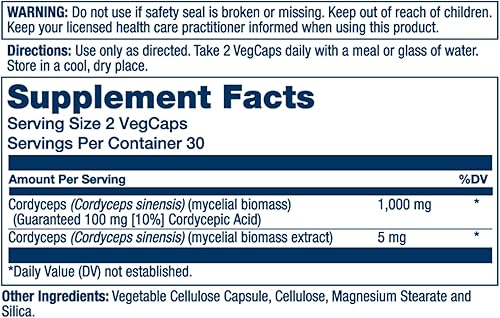 Miniatura 2 de Solaray Hongo Cordyceps fermentado de 500 mg  Función cardíaca saludable, apoyo de energía y resistencia  60 cápsulas vegetales, 30 porciones