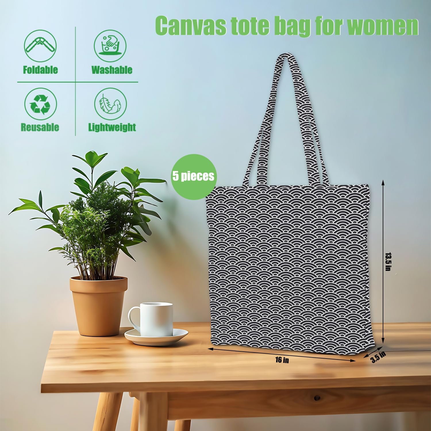 Decohim Multiple Packs Floral Japanese Print Canvas Tote Bag Reusable Grocery Bags Gifts for Women Girls Birthday Christmas - Image 4