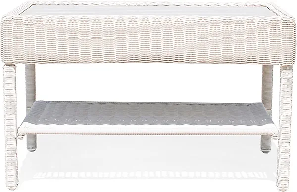 Modern 34" Wicker Coffee Table with Gray HIPS Top - Waterproof HDPE Rattan & UV-Resistant, 2-Tier Storage Hand-Woven Outdoor Table for Patio, Garden, Balcony (Off White & Gray)