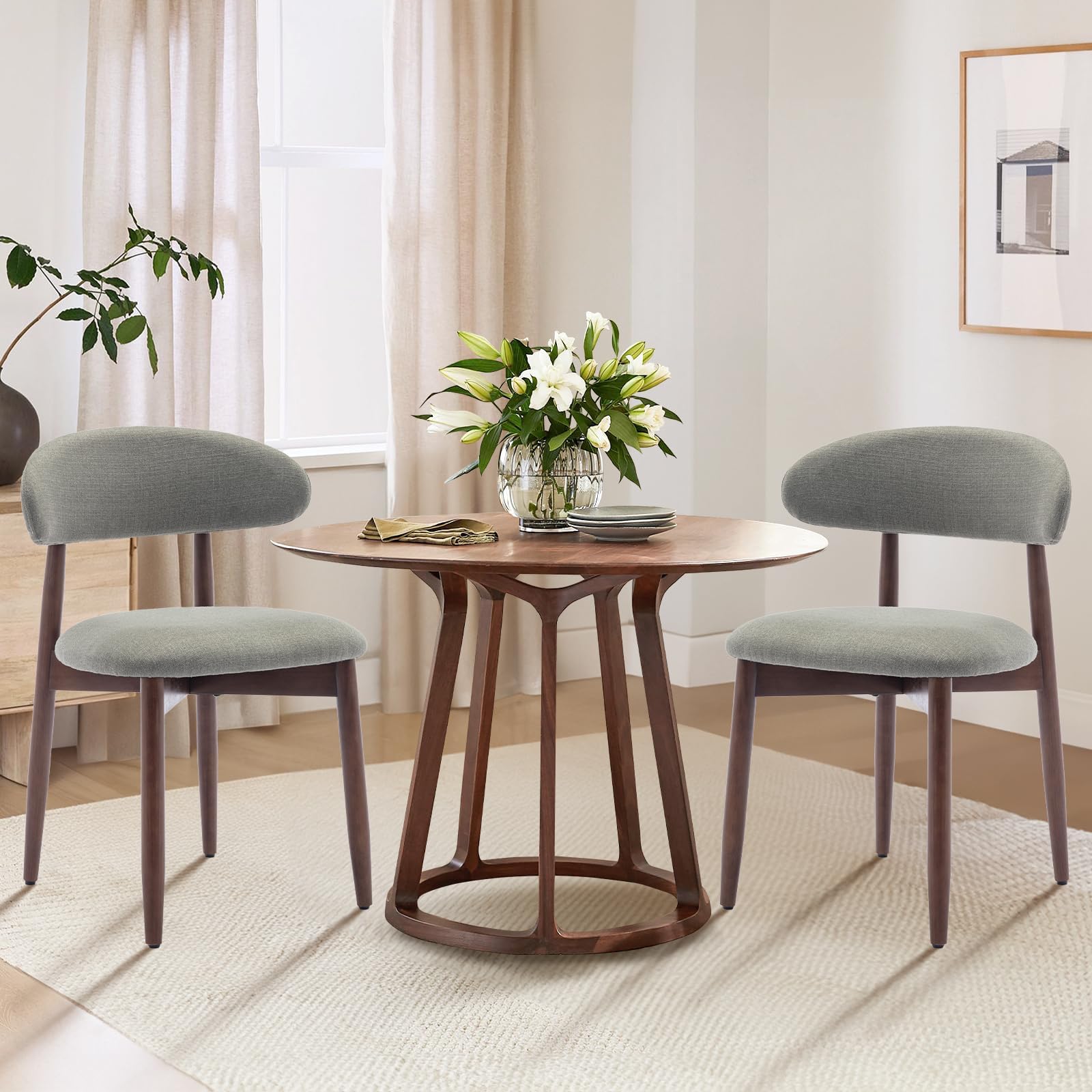 COLAMYWooden Dining Chairs Set of 2, Modern Fabric Upholstered Kitchen Side Chairs, Farmhouse Dining Room Chair with Foot Pegs, Green