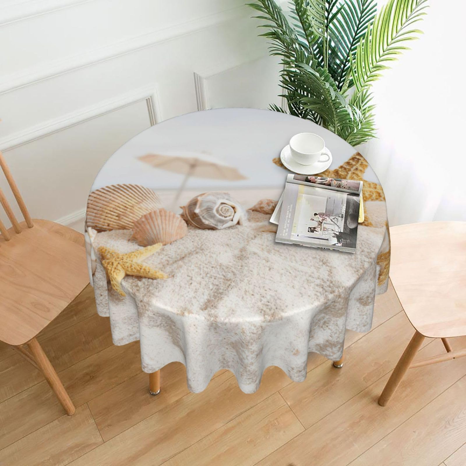 Uusnwaa Seashells Starfish On Beach Print Round Tablecloth 60 Inch, Stain Wrinkle Resistant Washable Polyester Table Cover For Kitchen Party