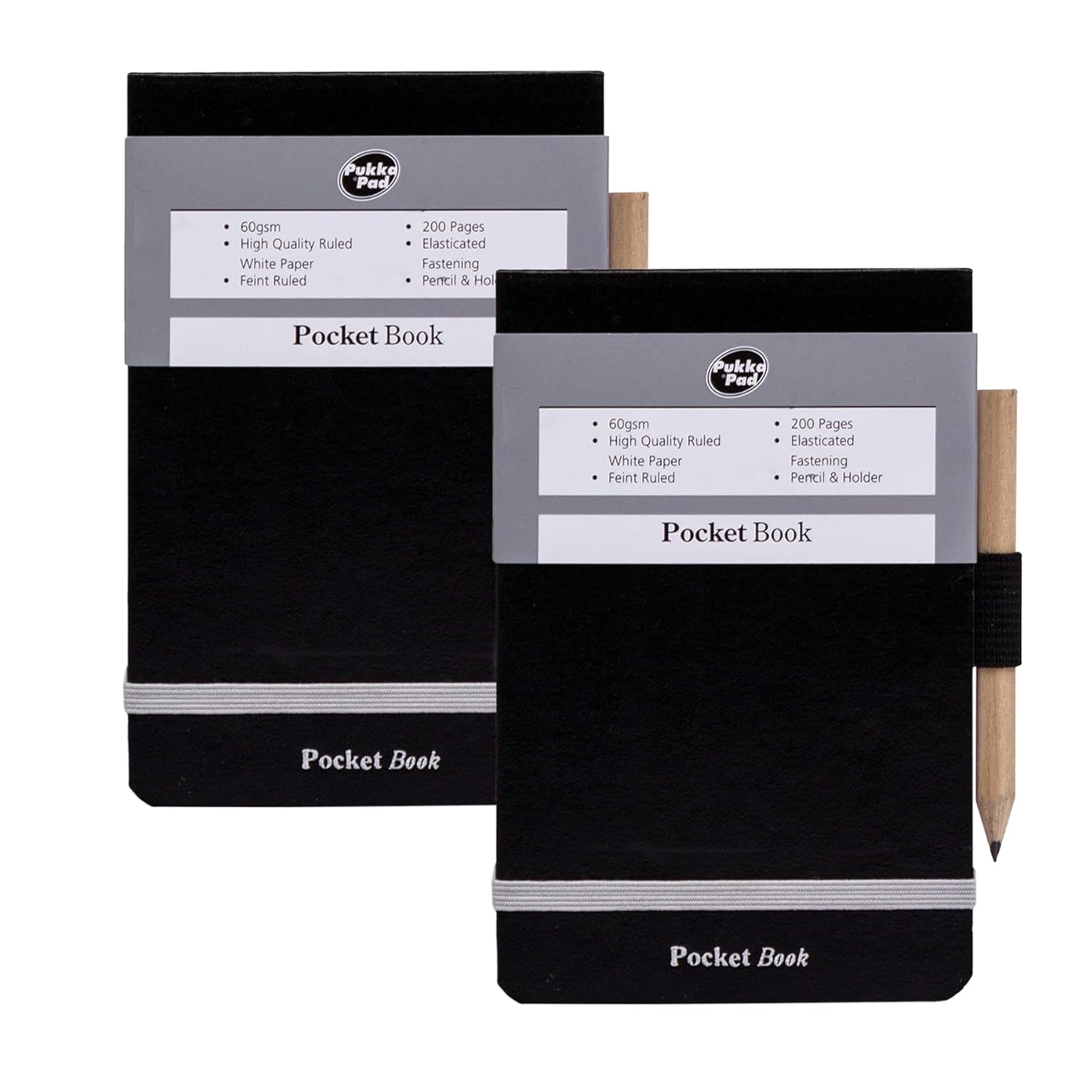 DLM Direct Pukka Pad Pocket Notebook - A7 Notepad with Pencil and Elasticated Strap, 200 Ruled Pages Pocket-Sized Black Notebook, Headbound Small Journal for Quick Notes, Travel & Work
