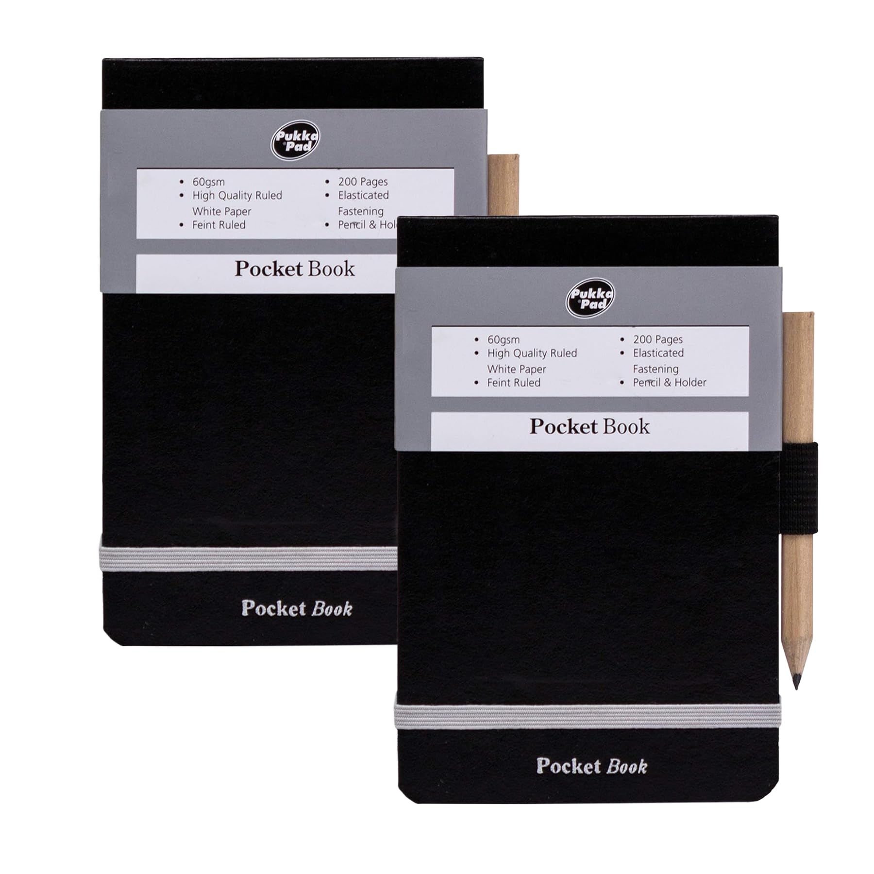 DLM Direct Pukka Pad Pocket Notebook - A7 Notepad with Pencil and Elasticated Strap, 200 Ruled Pages Pocket-Sized Black Notebook, Headbound Small Journal for Quick Notes, Travel & Work