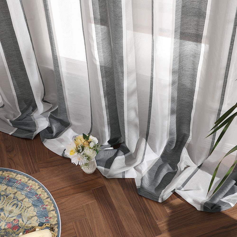 MIULEE Tende in Voile a Righe Bianche e Grigie Scure, Tende Interne con Occhielli, Belle Tende in Voile per finestre, Camera da Letto, Set di 2 Tende Trasparenti per Soggiorno, Altezza 245 cm
