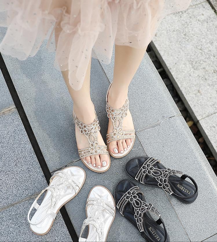 Sandal Women's Sandals Glitter Shoes Women's Summer Elegant Flat Rhinestone Sandals Outdoor Beach Open Toe T Bar Sling Back Elastic3