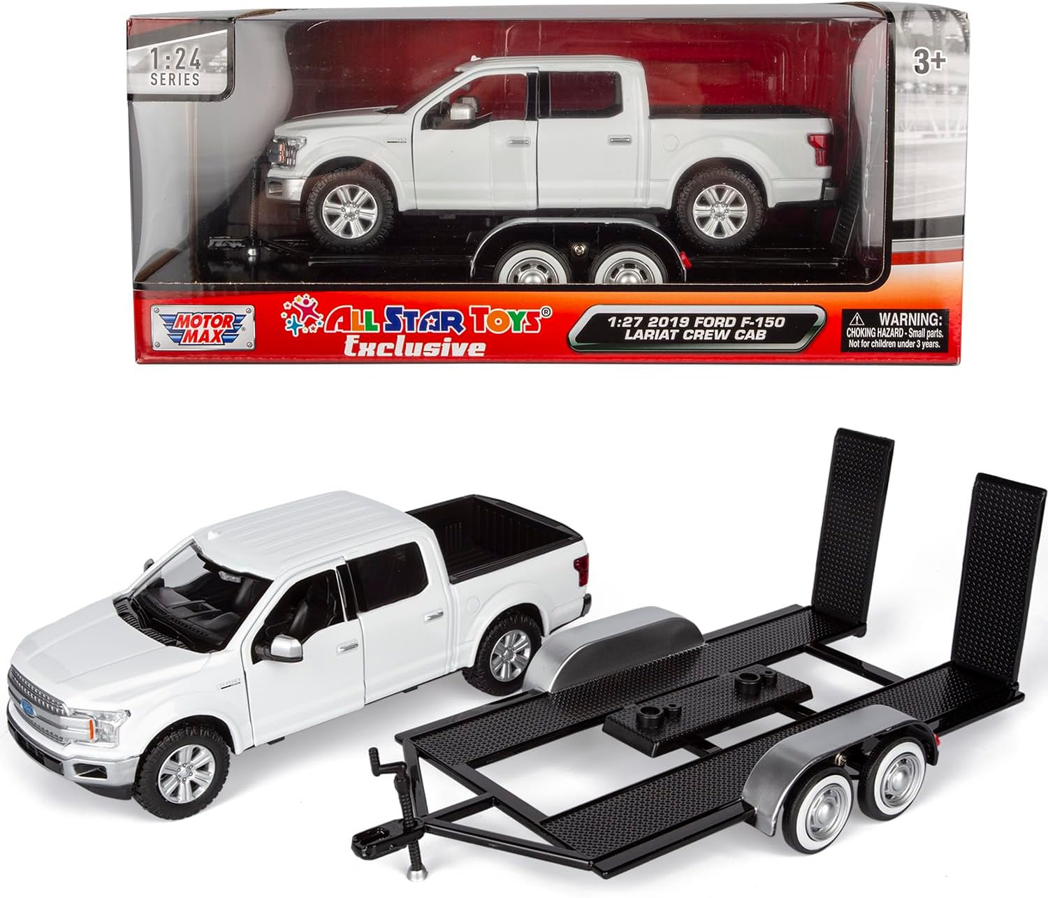 Motormax 2019 Ford F-150 Lariat Crew Cab Pickup Truck with a Car Hauler, Truck & Tow Trailer Combo - 1/27 Scale Diecast Model, White, All Star Toys Exclusive 79363/76001