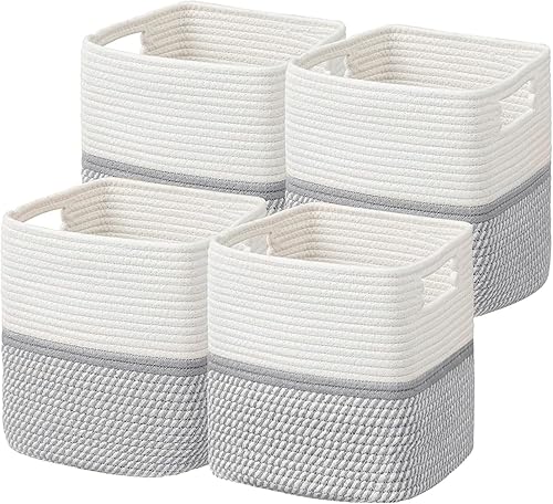 UBBCARE Juego de 4 cestas de almacenamiento de 13 x 13 x 13 pulgadas, cesta de cuerda de algodón para estantes, juguetes, libros, cubos de