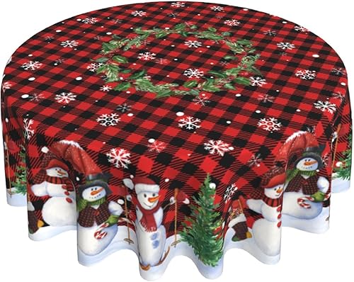 Giwawa Mantel redondo de muñeco de nieve de 60 pulgadas, diseño de copos de nieve de invierno, mantel con diseño de búfalo rojo y negro, con bayas