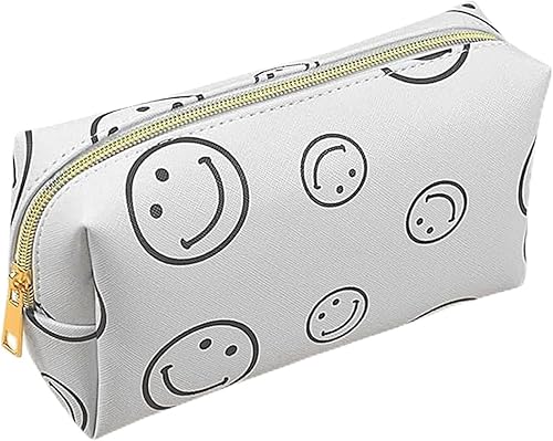 Bolsa de cosméticos de piel sintética, portátil, bolsa de maquillaje, bolsa con cremallera, bolsa de almacenamiento de cara sonriente, impermeable,