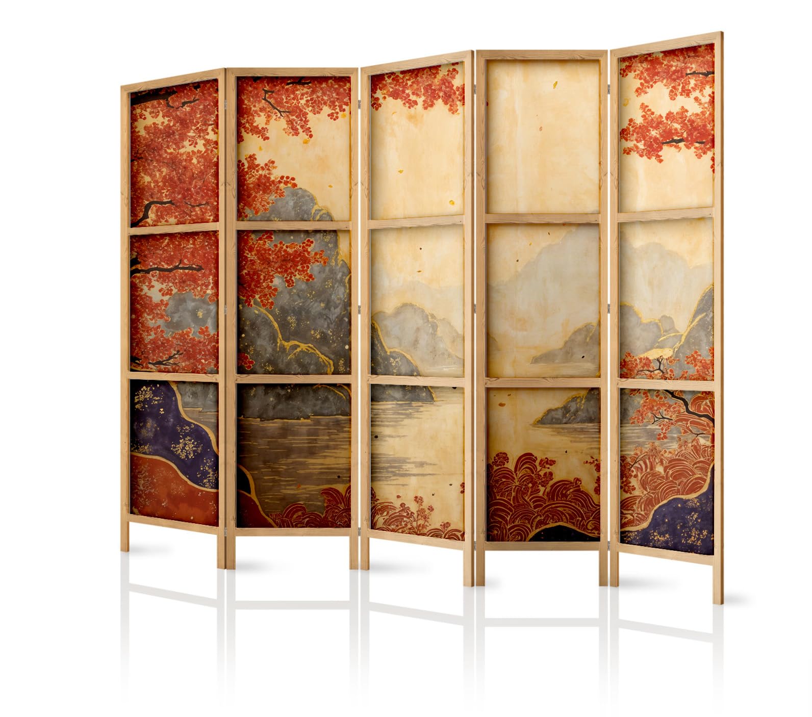 Biombo divisor de ambientes de madera 225x172 cm, 5 paneles, de un solo lado, estilo oriental
