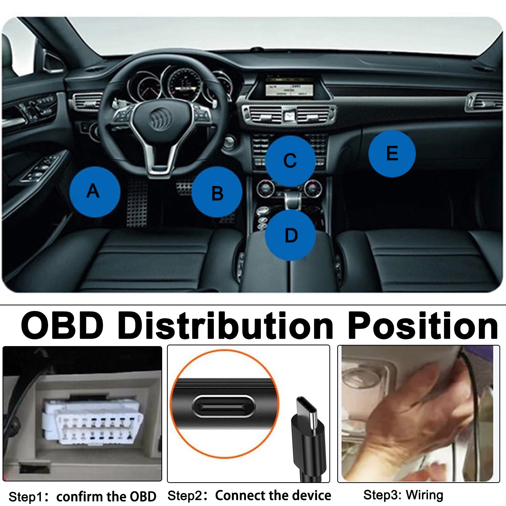 OBD Power Cable for Dash Camera, OBD2 to USB C Adapter, 12-24V to 5V 3A, 24h Parking Mode with Switch, 3.5M