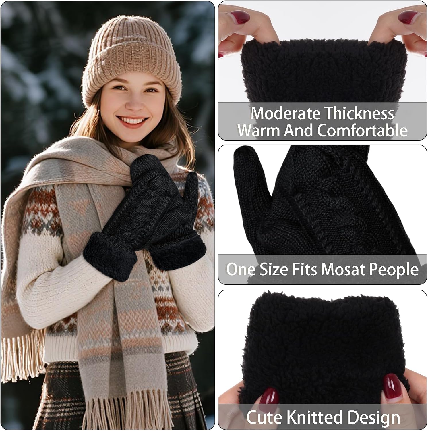 hoyuwak Women's Knit Gloves - Warm Thick Fuzzy Mittens for Cold Weather Outdoor Play & Home - Image 4