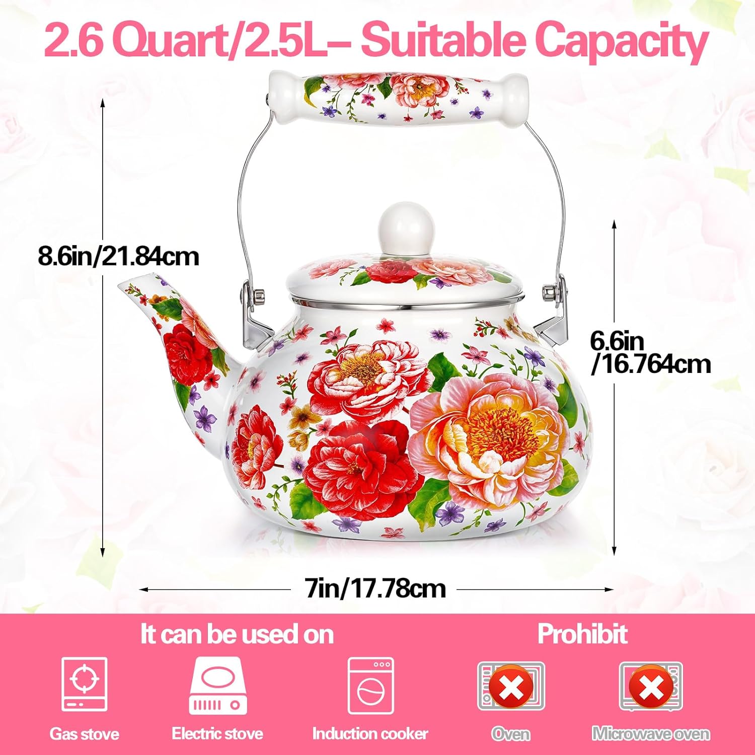 2.6 Quart Floral Enamel Tea Kettle, Vintage Enameled Teapot Stovetop, Enamel on Steel Water Coffee Tea Pot with Ceramic Handle, Colorful Hot Water Kettle for Home Kitchen Decor, No Whistling