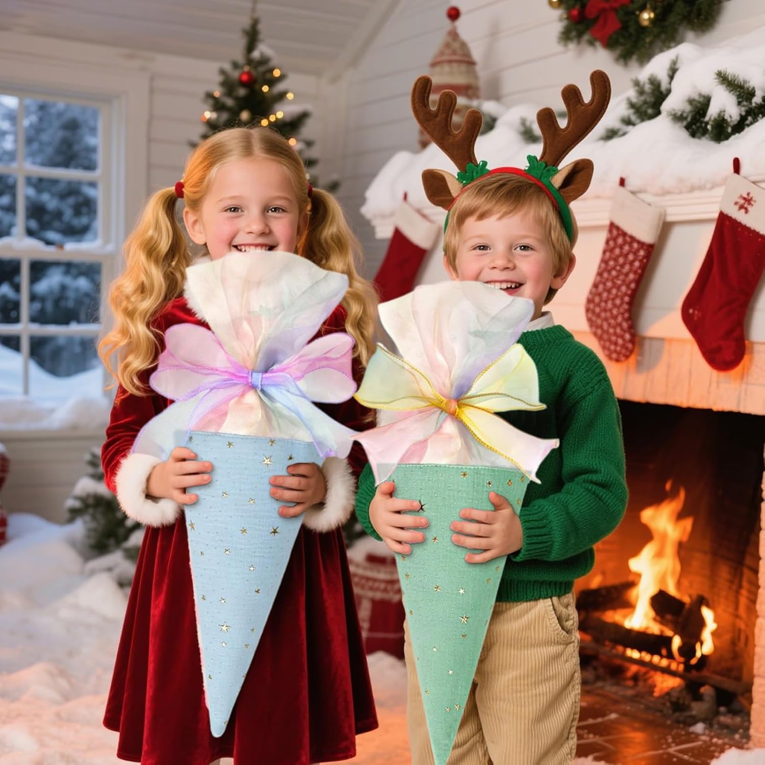 Cone Treat Bags | Cookie Bags | Wrap Candy Treat Packaging with Twist Ties for Popcorn Snack Goodie School Party Favors Events Celebrations Gatherings Classroom