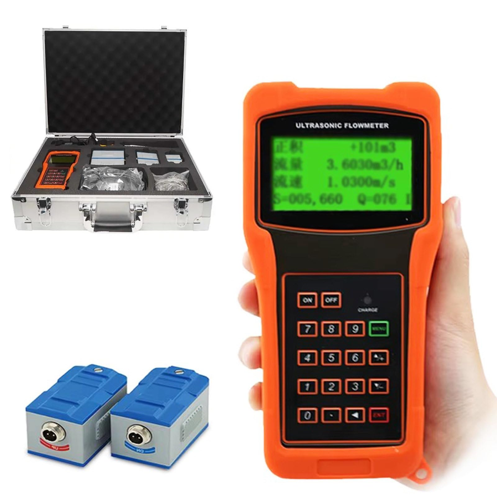 Caudalímetro ultrasónico Digital portátil Caudalímetro con Pinza con transductores TS-2/TM-1/TL-1 para tuberías de DN15 a DN6000mm y de -30°C a 90°C, con Estuche de Transporte,DN700