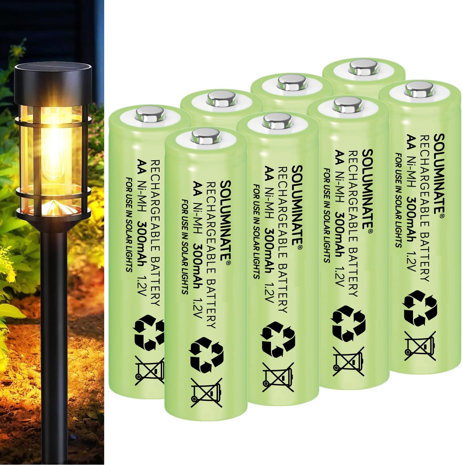 Soluminate Solar Light Batteries Size AA (300mAh) Rechargeable 1.2V Ni-MH for garden solar lights (8-Pack)