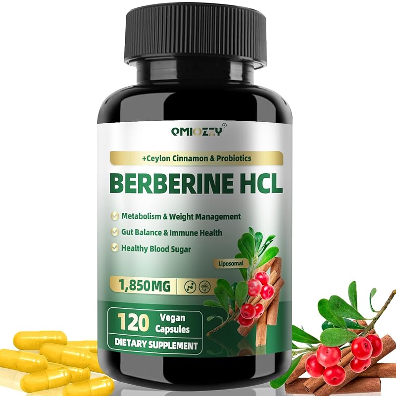 Qmiozzy Suplemento de Berberina com Canela-do-Ceilão e Probióticos 1.500 mg, 120 cápsulas