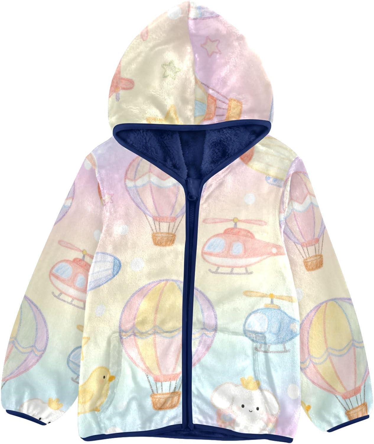 Cartoon Cute Balloon Plane Animals Toddler Jackets Outerwear Jackets Navy Blue Baby Boy Hooded Fleece Jacket
