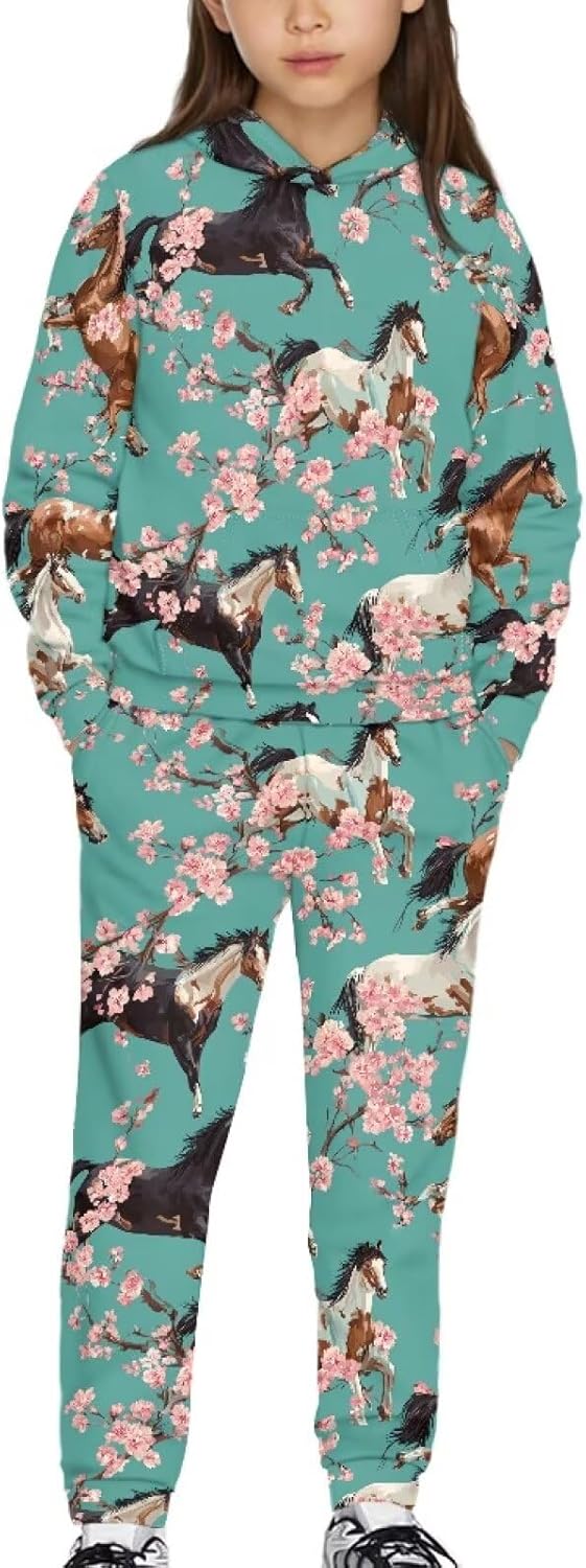 Kids Fall 2 Piece Outfits Girls Cute Sweatsuit Size 5-12 Long Sleeve Hooded Sweatshirt and Sweatpants Sets