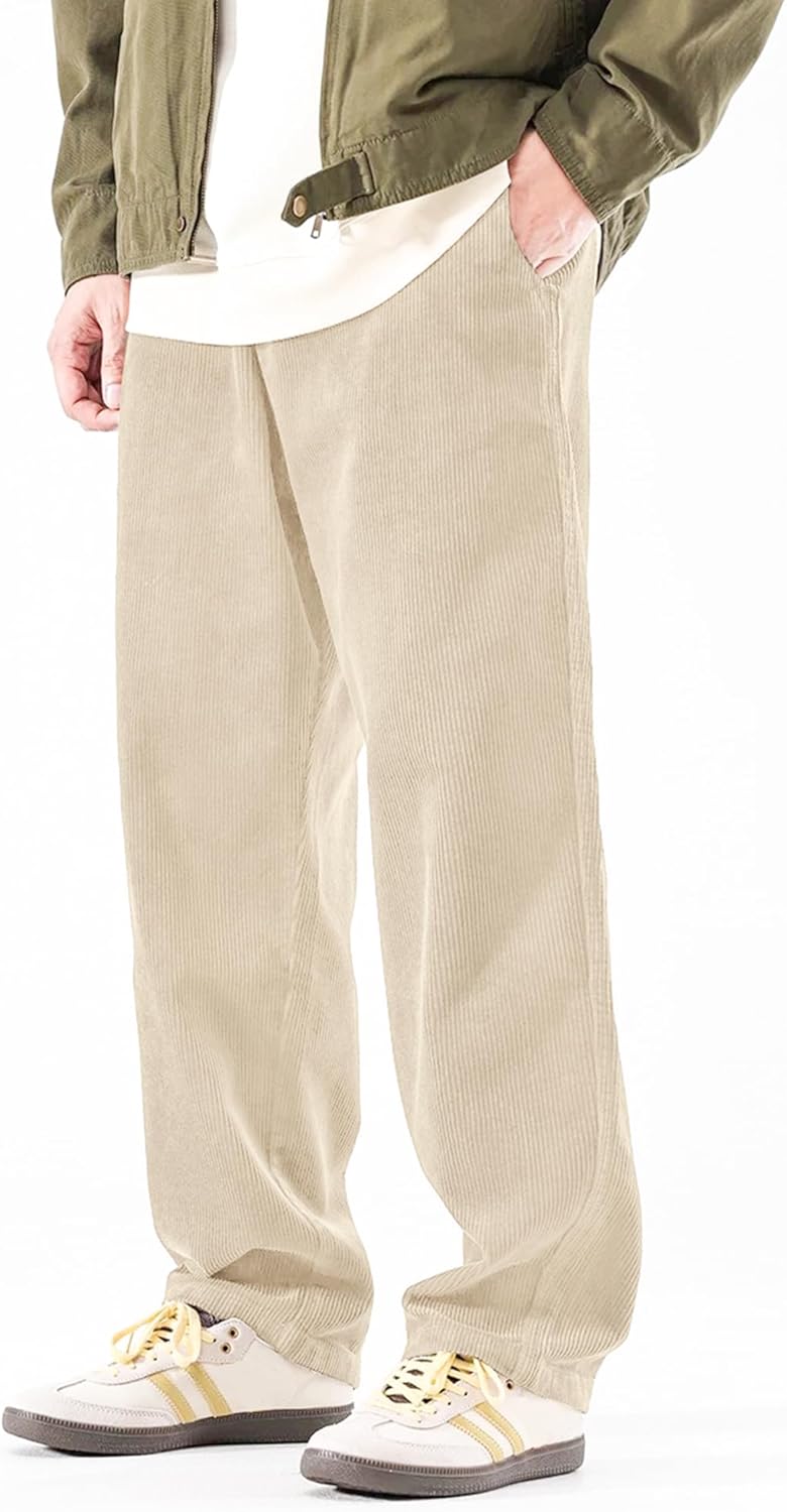 PLEPAN Mens Corduroy Pants Baggy Wide Leg Casual Elastic Waist Drawstring Loose Fit Sweatpants