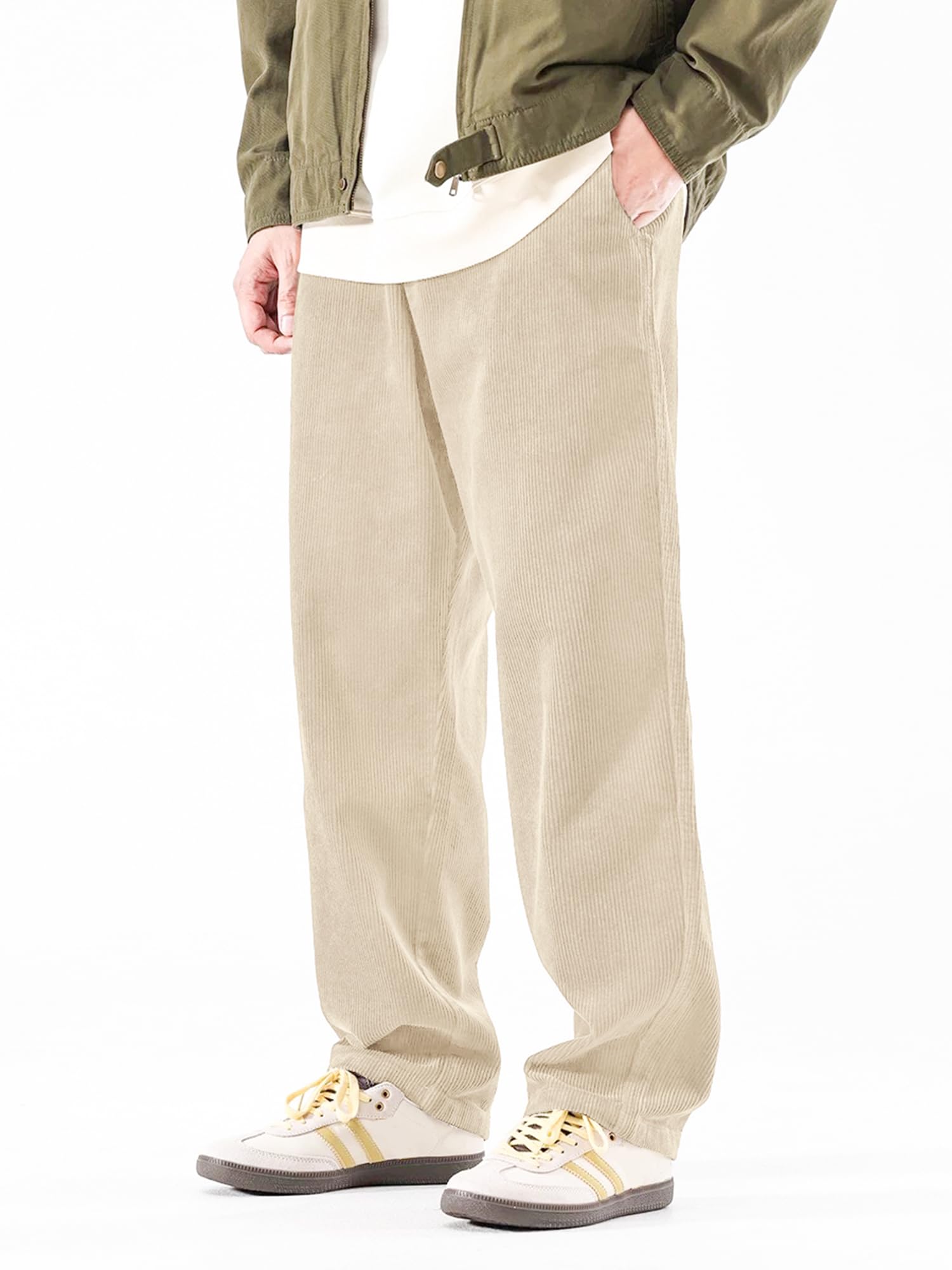 PLEPAN Mens Corduroy Pants Baggy Wide Leg Loose Fit Drawstring Elastic Waist Sweatpants Vintage Pants, Beige, Large