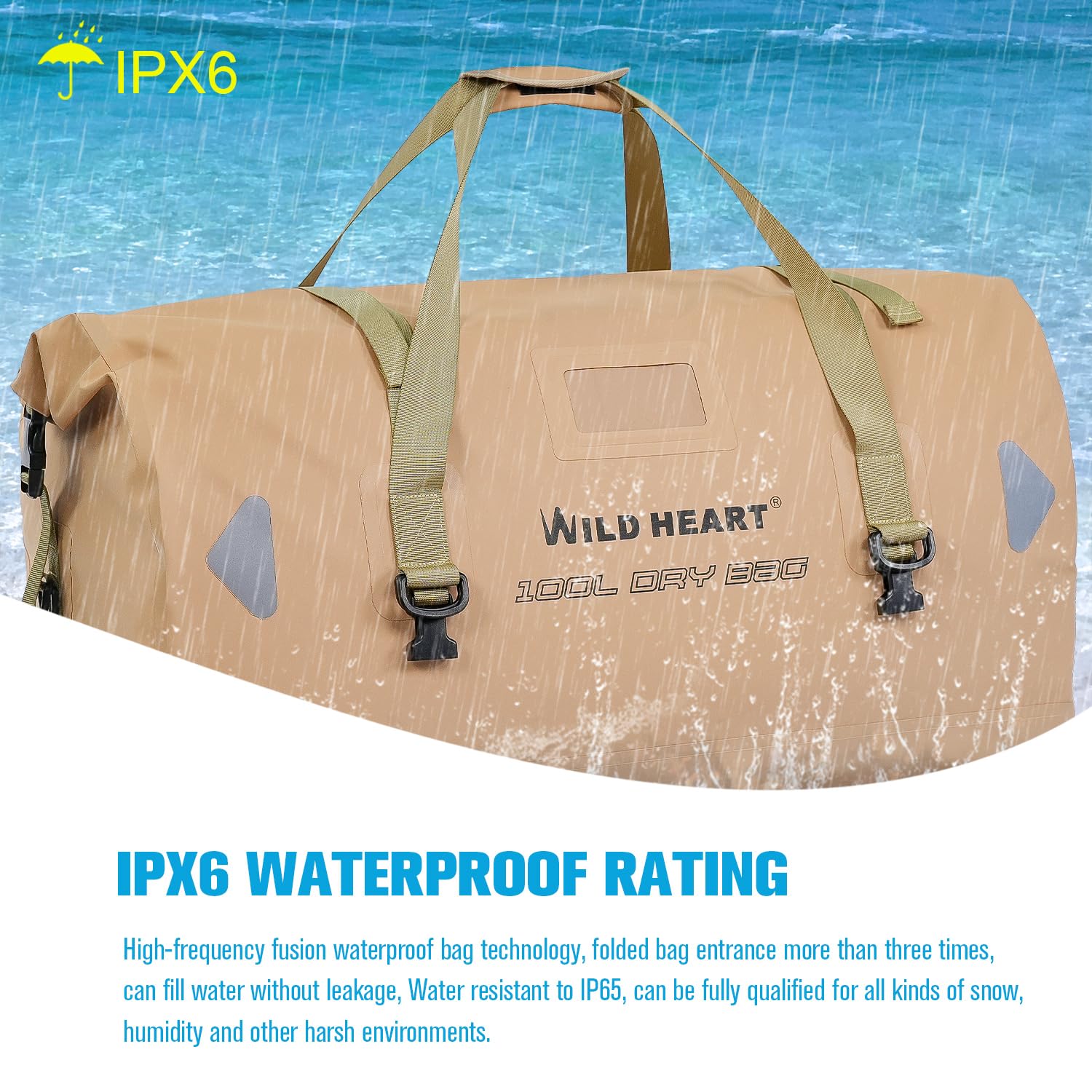 WILD HEART wasserdichte Reisetasche PVC500D Doppelboden mit Seil und Innentasche 40L 66L 100L Für Kajak,Camping,Bootfahren,Motorrad