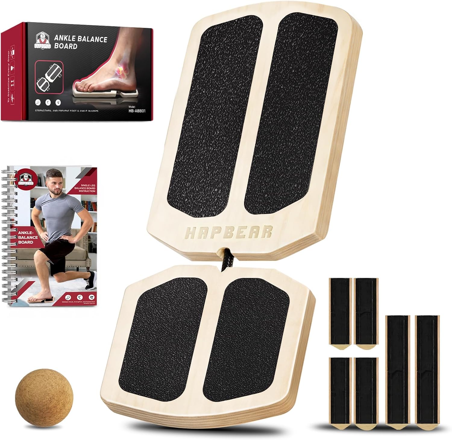 HAPBEAR Single Leg Balance Board - Ankle Strengthener & Foot Balance Board for Conditioning & Stability - 80 Configurations w/ Training Guide & Cork Ball - Ankle Board for Home Gym & Office, Natural Wood