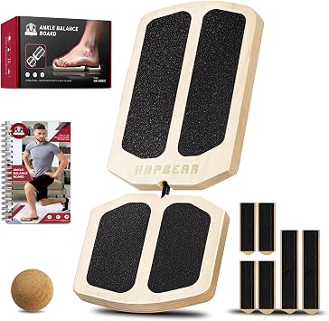 HAPBEAR Axis Board Ankle Balance Board Single Leg Balance Board - Ankle Strengthener, Blackboard Foot Trainer for Conditioning & Stability - 80 Configurations w/ Training Guide & Cork Ball - Gifts for Home Gym & Office, Natural Wood