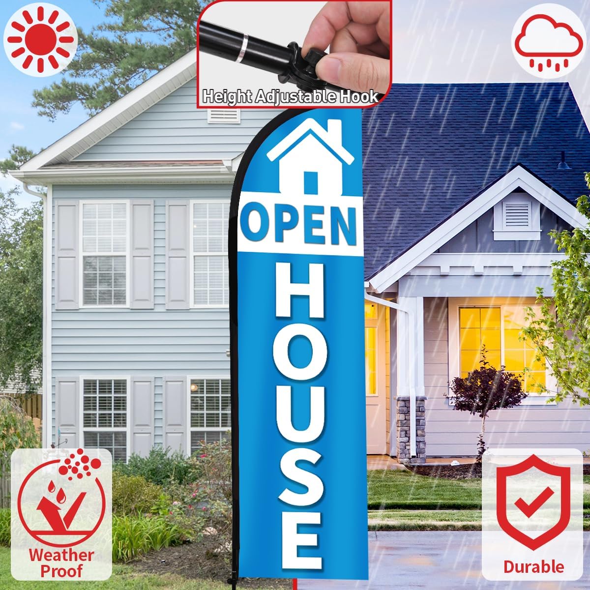 Open House Feather Flag, 8.2ft Open House Flag with Aluminum Pole and Ground Stake, Open House Signs for Real Estate for Outside Swooper Flag Advertisng Feather Banner (Blue)