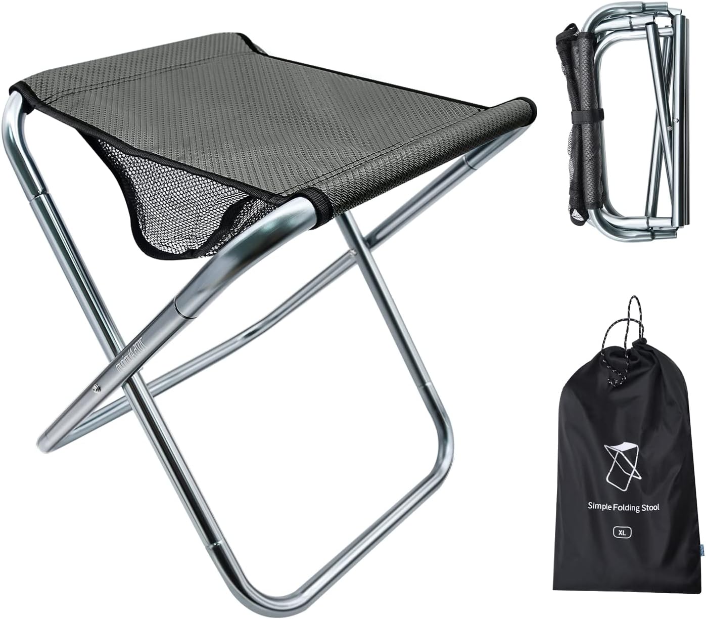 Adult Camping Stool, 1 Pack 16in Height Large Size Folding Stool with Carry Bag, Aluminum Alloy Bracket, 1.5lbs Lightweight, Load Capacity to 330lbs(1 Pack, Grey)