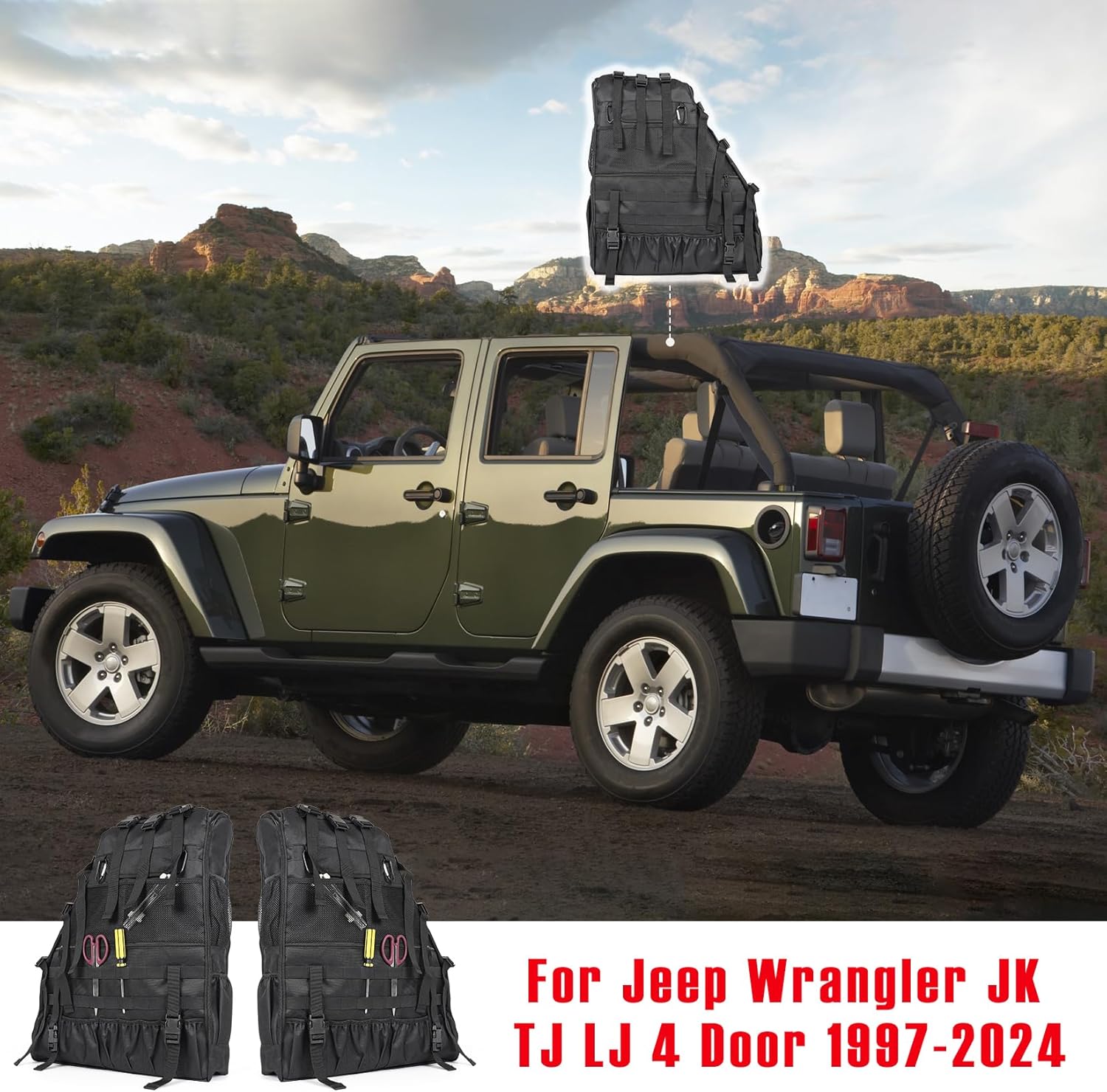 Roll Bar Storage Bag for 1997-2024 Jeep Wrangler JK TJ LJ & Unlimited JL 4 Door Multi-Pocket Cargo Bag for Jeep Wrangler Waterproof Hiking Camping Organizer Storage Bag for Travel - 2PCS