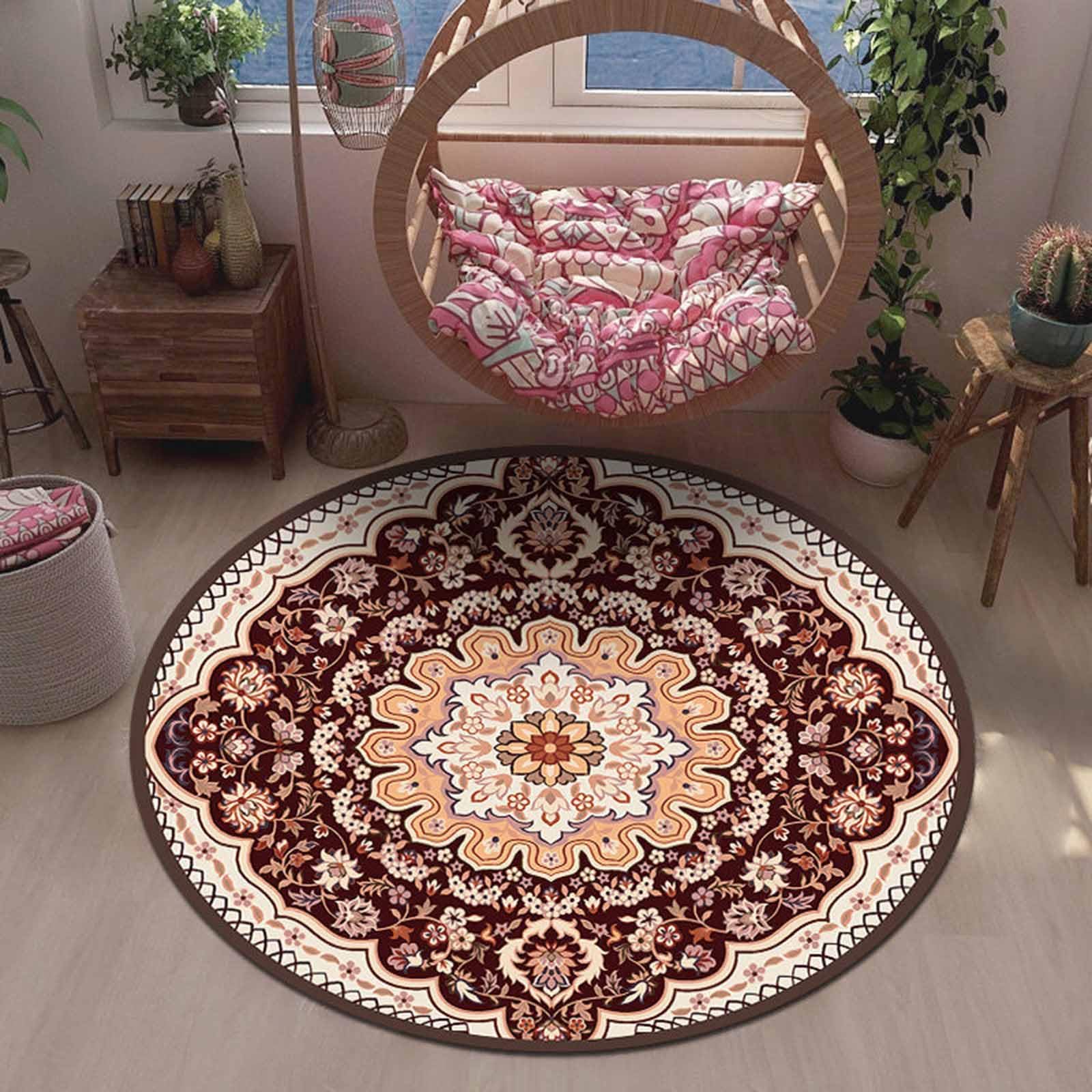 Tapis Ronds Classiques pour Chambre à Coucher Marron crème 60cm 80cm 100cm 120cm 140cm 160cm 180cm 200cm Tapis Lavable Salon terrasse