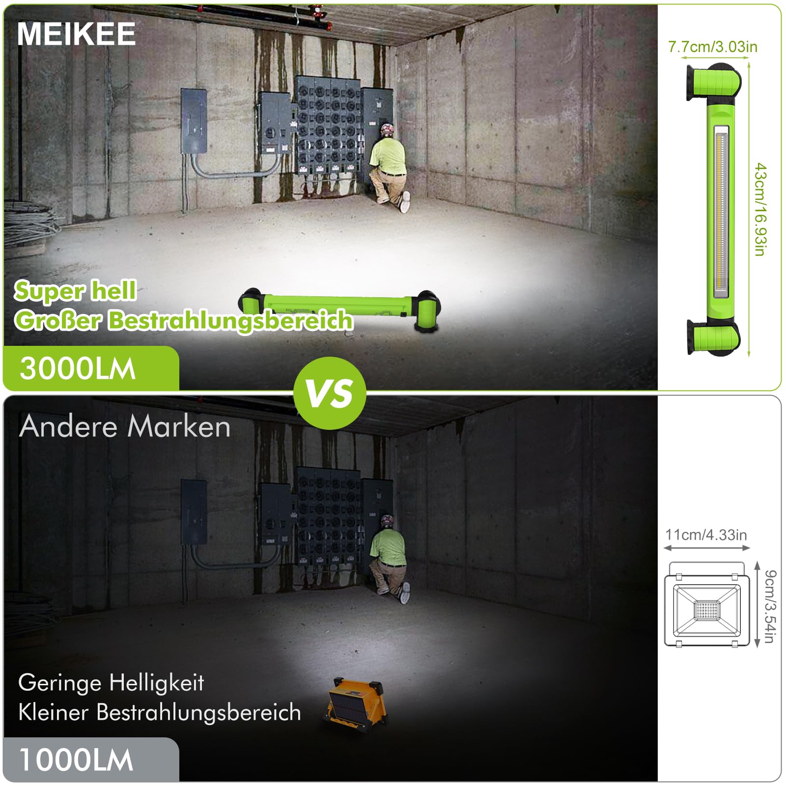 MEIKEE Lampa robocza, 3000 lm, 3 poziomy jasności, 6 trybów świecenia, lampa warsztatowa z magnesem i hakiem, reflektor LED z akumulatorem do ponownego ładowania, reflektor budowlany na kemping, do