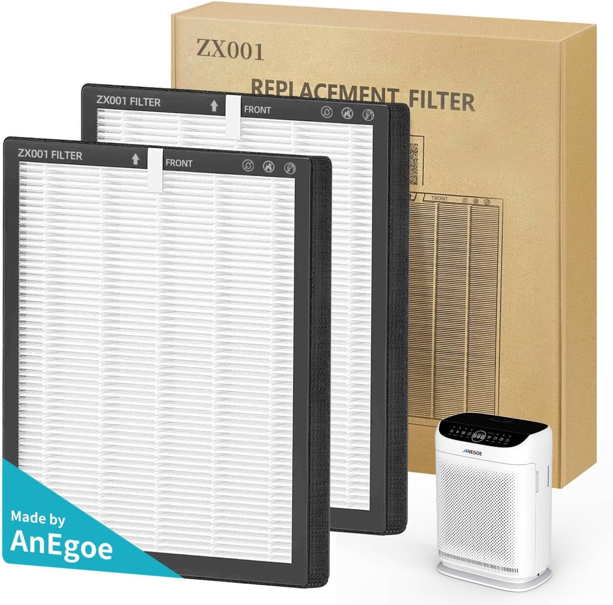 Replacement HEPA Filters Compatible with AnEgoe ZX001 Air Purifier,3 Stage H13 True HEPA Filter for Air Purifiers for Home Large Room up to 2500Ft²,Air Cleaner Filter,2 Pack