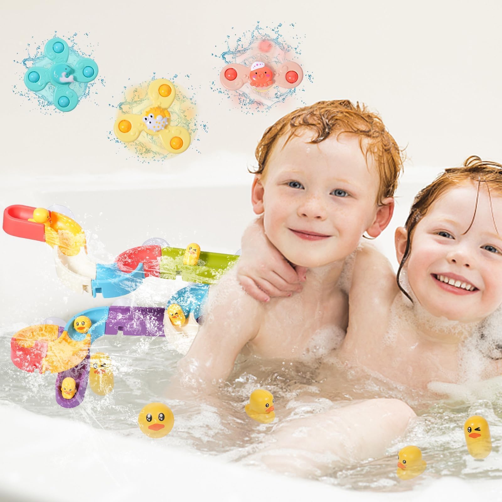 Juguetes de baño para niños pequeños (37 piezas) pista de juguete de baño con 3 ventosas giratorias, juguetes de baño para niños de 4 a 8 años, regalos de cumpleaños para niños pequeños a 6