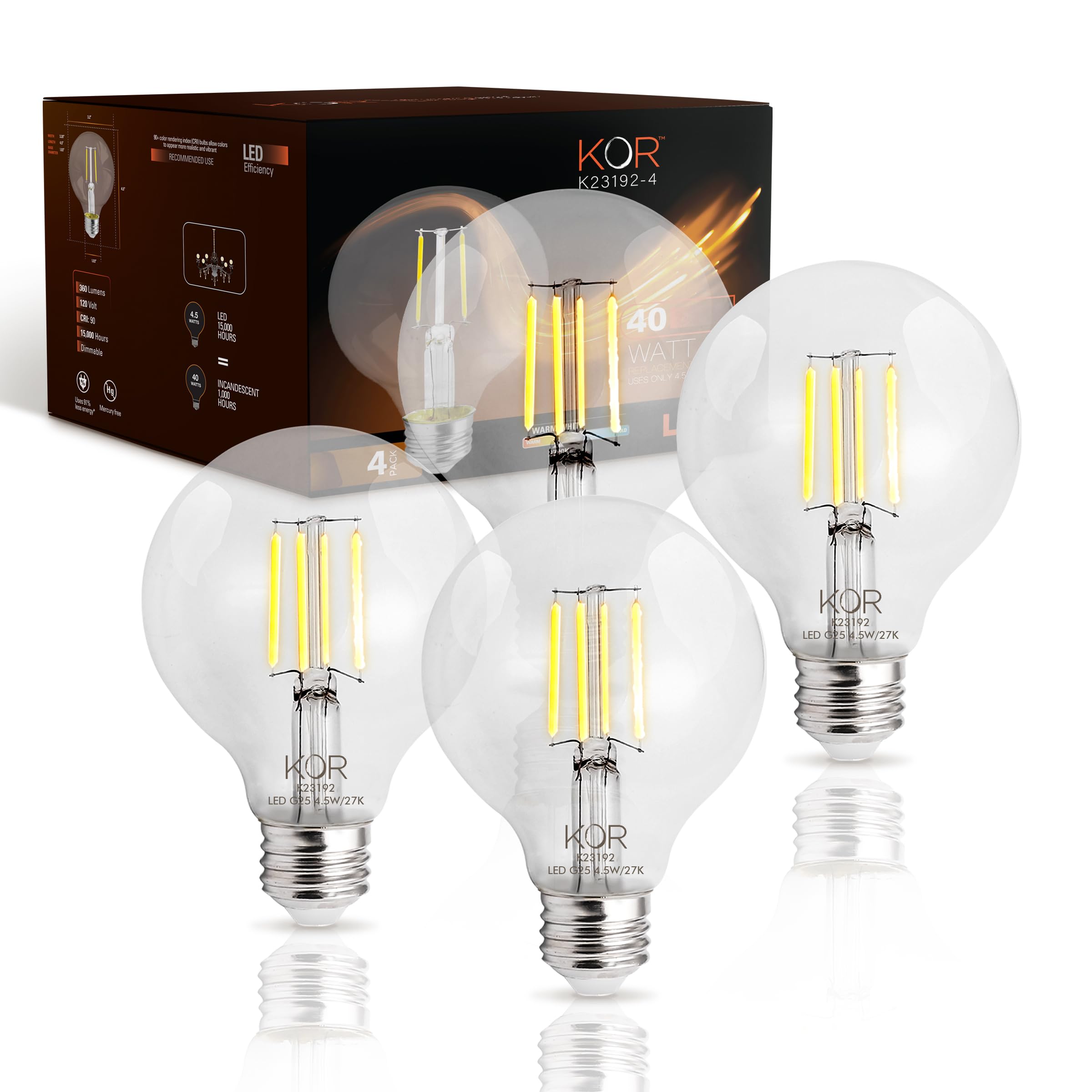 KOR 4 Pack 4.5W (40W Equivalent) Clear G25 Globe Led Light Bulbs 2700K Warm White Dimmable Filament Vintage LED Globe E26 Base Dimmable for Bathroom
