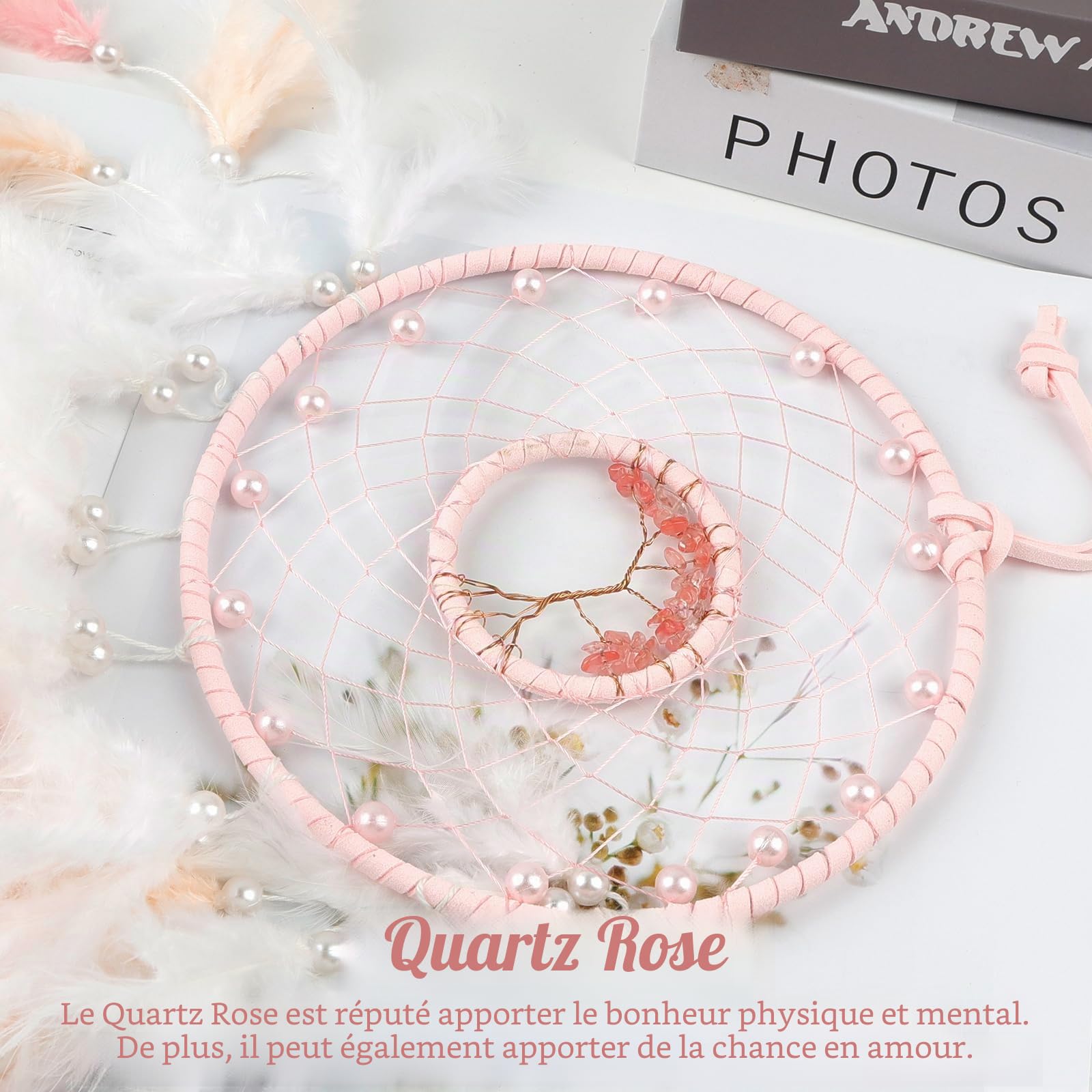 Attrape-rêves, rose, macramé, cristaux, anneaux en métal, résistants aux UV, extérieur, enfants, voiture, cadeau de mariage, bohème, bricolage, décoration rose, chambre d'enfant, salon