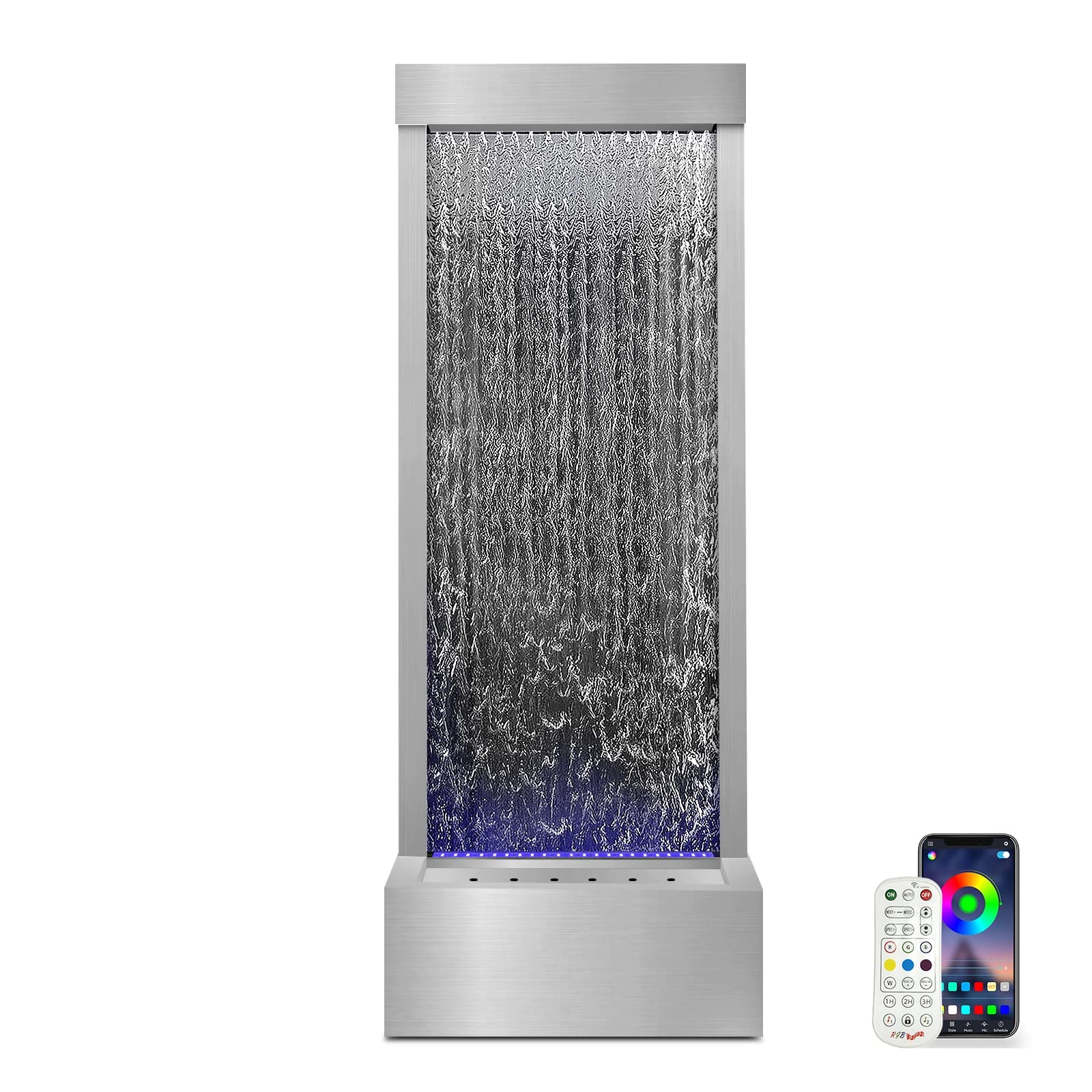 LONGRUN Mirror Waterfall Fountain Indoor Water Fountain, 48" Water Features Home Decor with 7 Colors Light, Self Contained LED Water Feature Kit, Large Waterfall Fountain for Indoor - Stainless Steel
