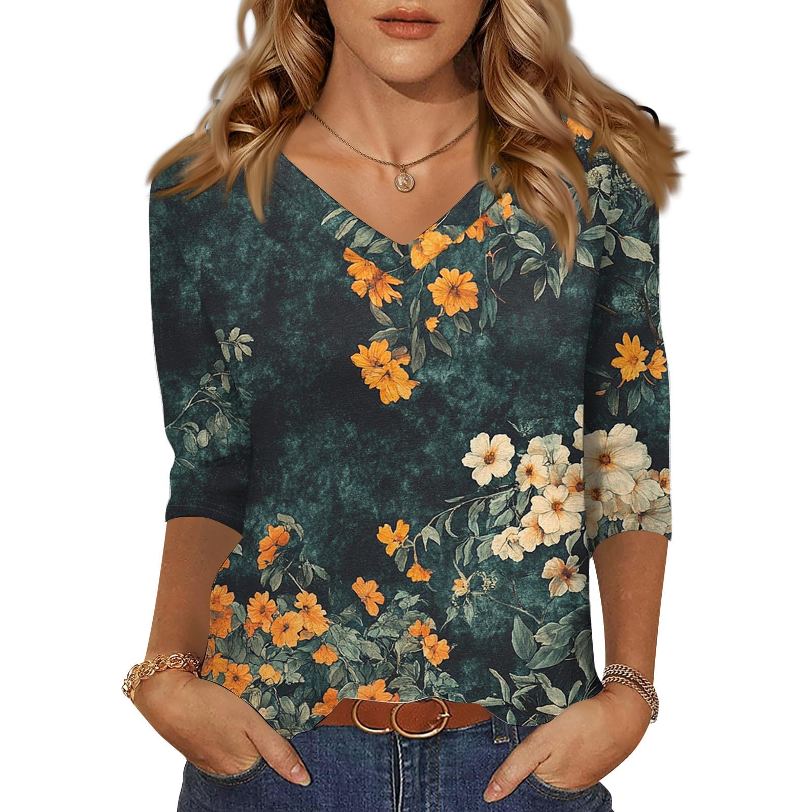 3/4 Sleeve Shirts for Women Cute Solid Floral Graphic V Neck Tunic Tees Blouses Casual Plus Size Basic Tops Pullover