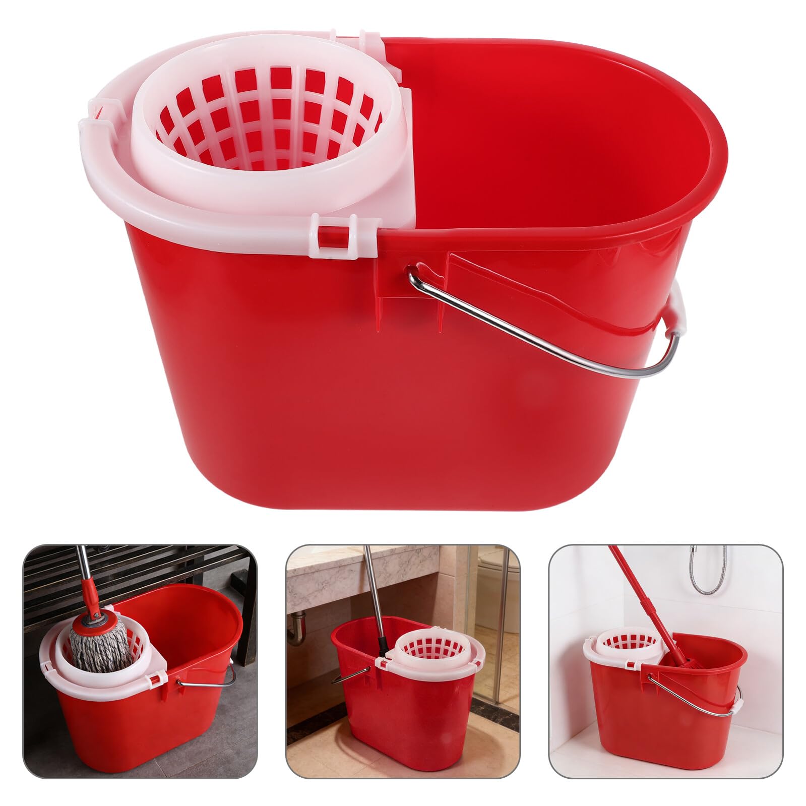 Cubo de Limpieza Comercial Rojo 236 para Fregona Redonda, Cubo de Plástico Reforzado con Asa Antideslizante, Repuesto para Hoteles y Limpieza Doméstica, Balde Compacto para Fregar