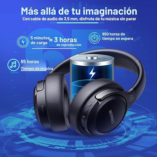 Miniatura 3 de BERIBES Auriculares Bluetooth sobre la oreja, tiempo de reproducción de 65 horas y 3 modos de música ecualizador, auriculares inalámbricos con Negro