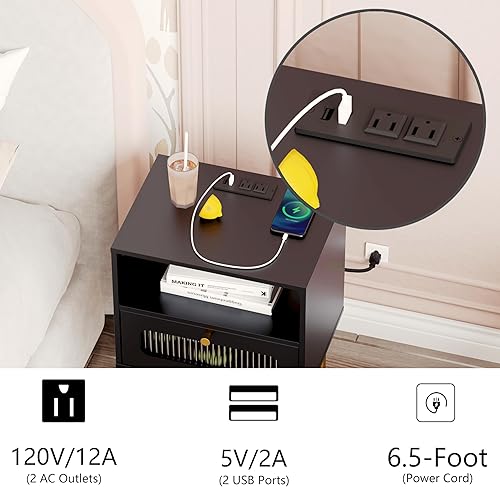 Miniatura 4 de Mesita de noche con estación de carga, mesitas de noche modernas de mediados de siglo con puerta decorativa de cristal, mesa auxiliar pequeña con