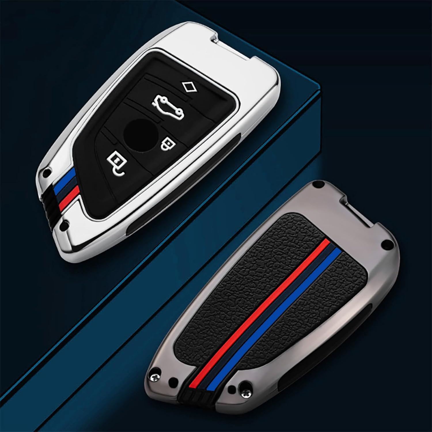 OLLEN Heavy Metal Key Fob Cover Case, Fit for BMW 5 6 7 Series X1 X2 X3 X5 X6 GT Series, Full Protection Key Fob Shell Case, Blade Shape, Silver (1 Pcs)